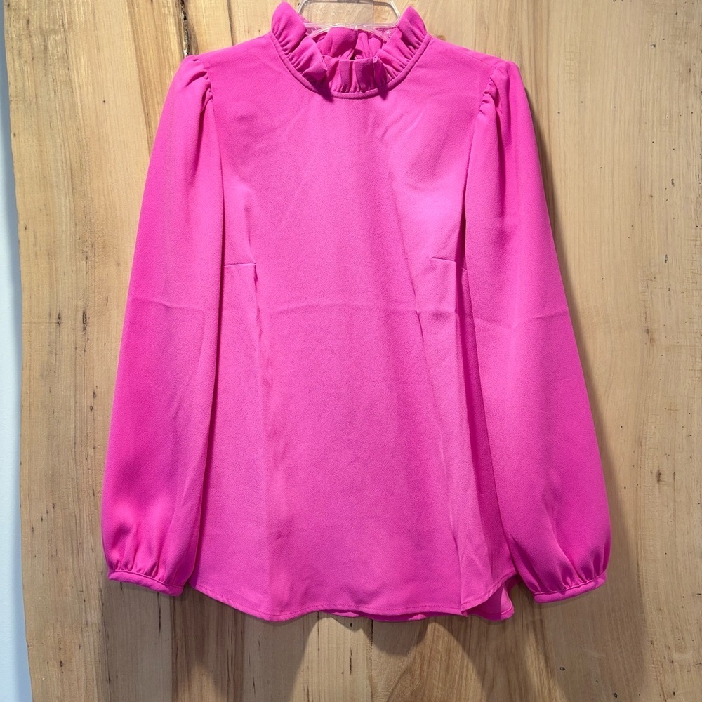 J Crew Long Sleeve Ruffle Neck Top in 365 Crepe XXS Bright Neon Pink